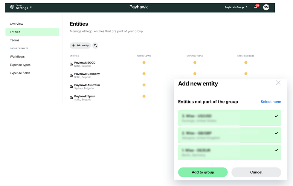 Una captura de pantalla de la solución de gestión de gastos de Payhawk, que muestra cómo puede añadir simplemente una nueva entidad a un grupo.